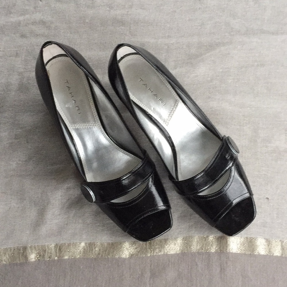 Tahari Black Patent Leather Peep Toe Pumps
